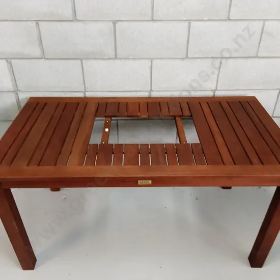 BRAND NEW JARRAH WOODEN TABLE, MISSING CENTRE INSERT, H 70CM X L 133CM X W 70CM