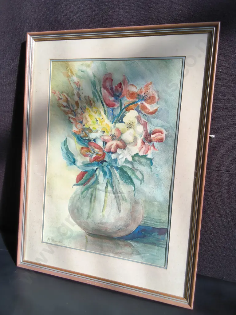 FRAMED FLORAL WATERCOLOR PAINTING, SINGED B. FERGUSSON. H 66 CM X W 50 CM Image 1++