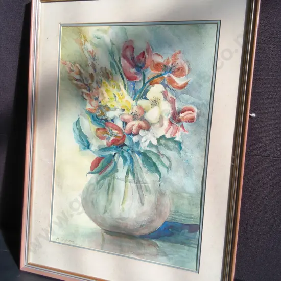FRAMED FLORAL WATERCOLOR PAINTING, SINGED B. FERGUSSON. H 66 CM X W 50 CM
