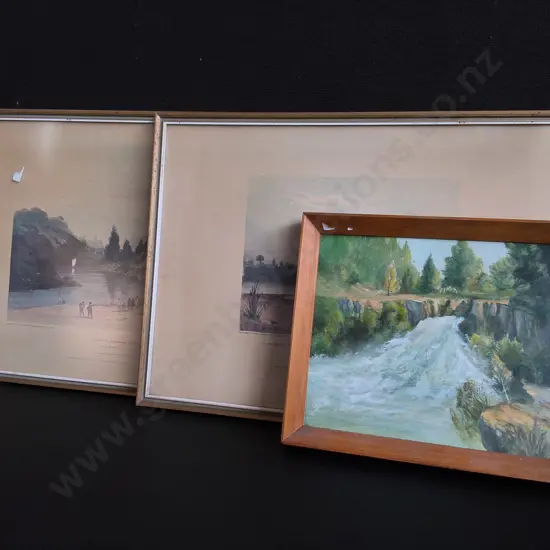 3 PIECES FRAMED ARTWORK AND PRINTS, TALLEST H 39 CM X W 51.5 CM