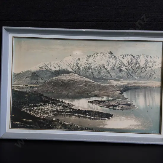 VINTAGE WHITES AVIATION HAND COLOURED PHOTOGRAPH, QUEENSTOWN, H 28 CM X W 43 CM