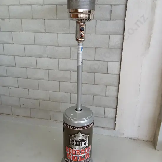 OUTDOOR PROPANE GAS HEATER WITH CODY'S BOURBON AND COLA DECOR, HEIGHT IS APPROXIMATELY 220CM