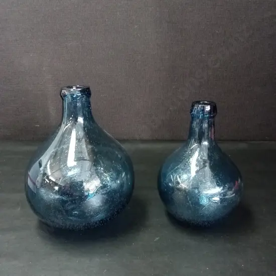2 BLUE GLASS BALLOON VASES TALLEST H23CM