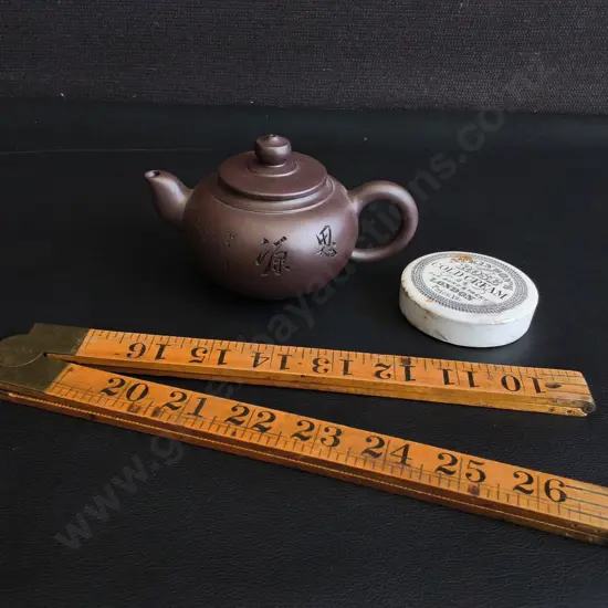 YIXING ZISHA PURPLE CLAY TEAPOT H 8 CM, VINTAGE POT LID, AND VINTAGE FOLDING RULER