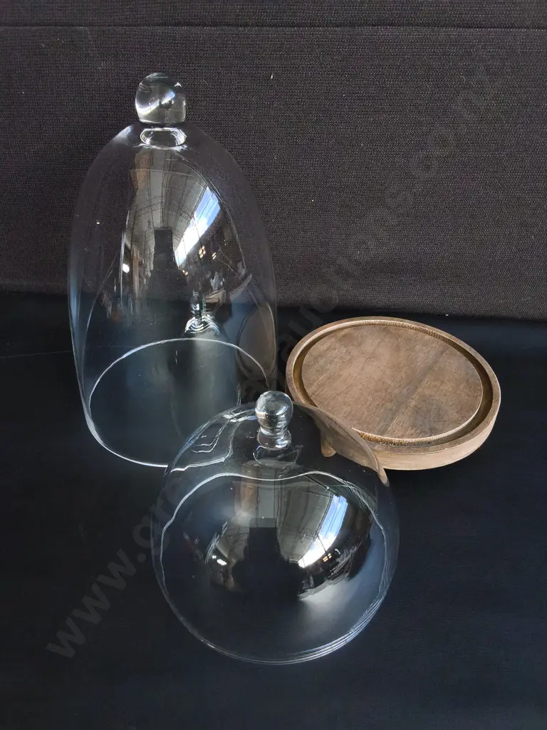 CLEAR GLASS DISPLAY CLOCHES WITH FOOTED WOODEN BASE, SET OF 2, TALLEST H 31 CM Image 1++
