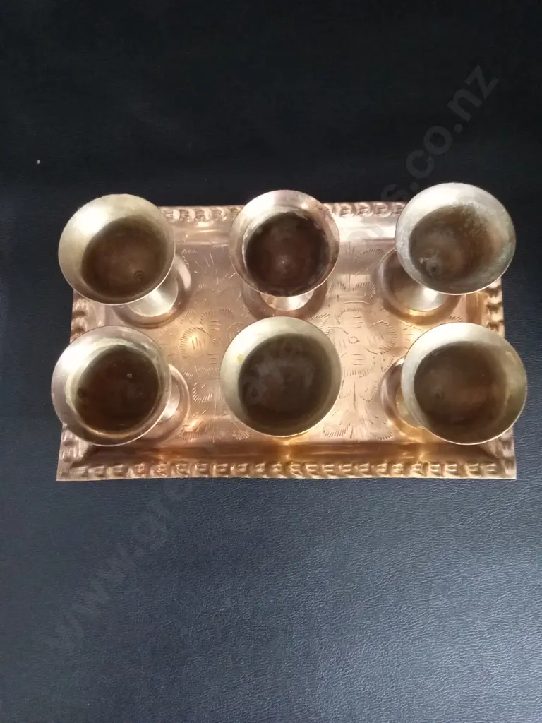 VINTAGE BRASS SHOT GOBLETS AND SOAPSTONE ELEPHANT COASTERS WITH STAND Image 1++
