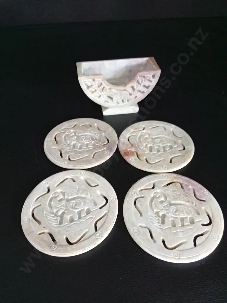 VINTAGE BRASS SHOT GOBLETS AND SOAPSTONE ELEPHANT COASTERS WITH STAND Image 1++