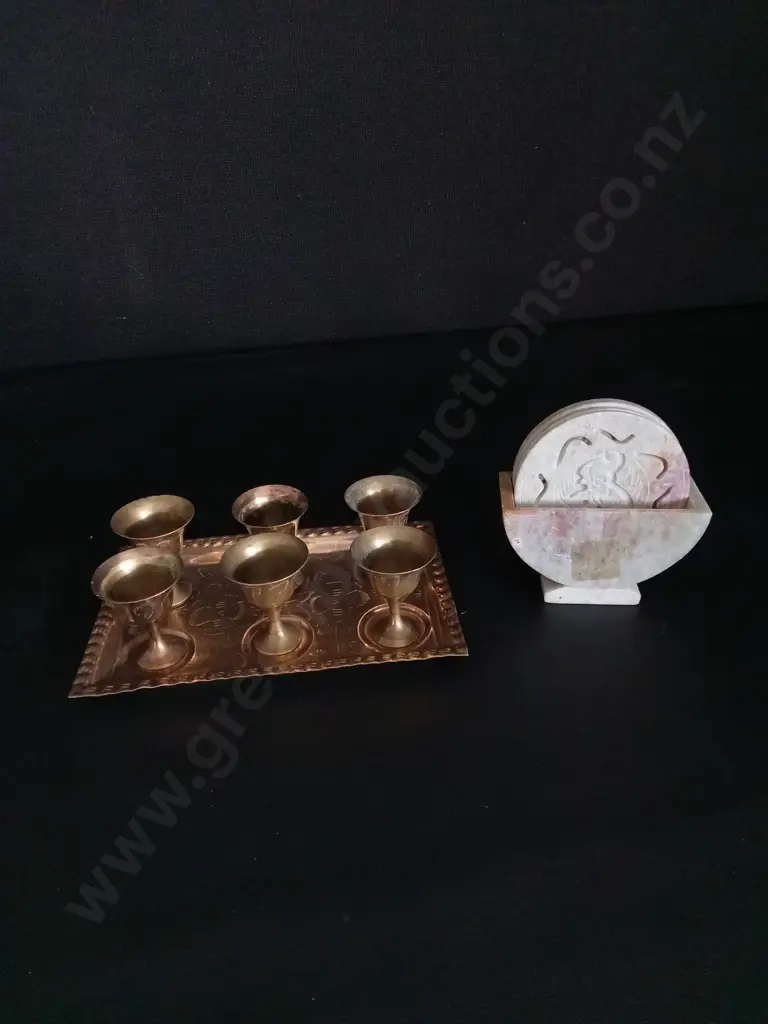 VINTAGE BRASS SHOT GOBLETS AND SOAPSTONE ELEPHANT COASTERS WITH STAND Image 1++