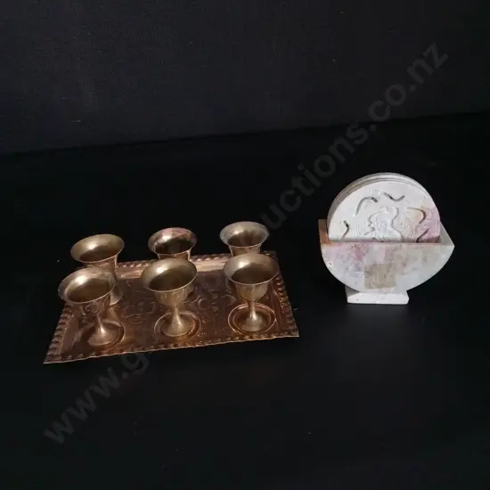 VINTAGE BRASS SHOT GOBLETS AND SOAPSTONE ELEPHANT COASTERS WITH STAND