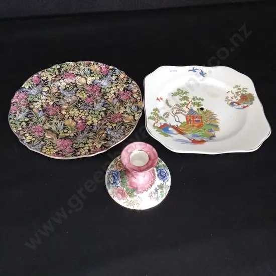 VINTAGE SOLIAN WARE PLATE DIA19CM, GRIMWADES PLATE DIA21CM AND A MALING CANDLESTICKS H6CM