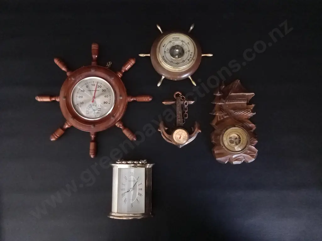 COLLECTION OF VINTAGE BAROMETERS, THERMOMETERS, AND CLOCK Image 1++