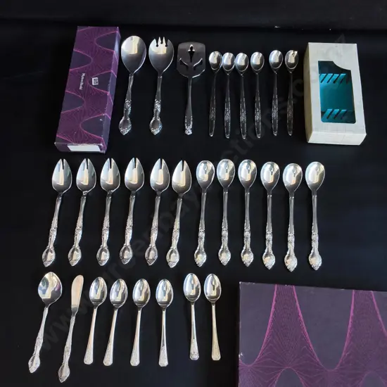 VINTAGE FLATWARE AND SERVING SET, 29 PIECES, GROSVENOR, EPNS, AND STAINLESS STEEL, BOXED