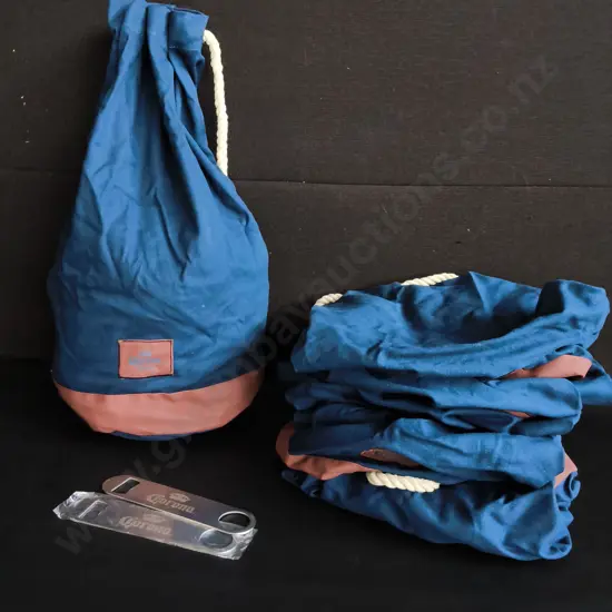 CORONA MERCHANDISE, 6 DRAWSTRING BAGS H 53 CM, AND TWO BOTTLE OPENERS
