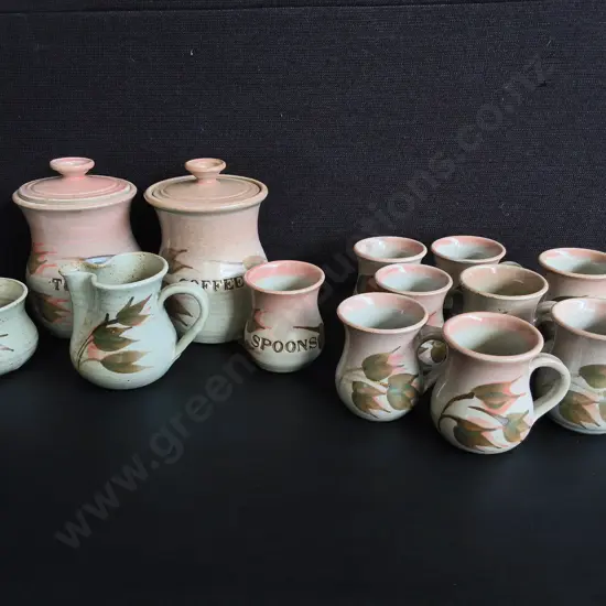 VINTAGE CERAMIC KITCHENWARE SET, 13 PIECES, TALLEST H 18 CM, DAMAGE PICTURED