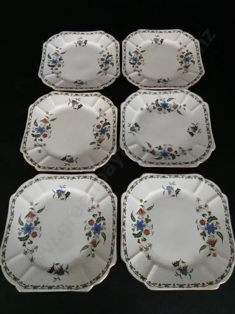 VINTAGE FALCON WARE KOALA CRICKET BOWL DIA 14.5CM, 6 VINTAGE CHELSEA BY SHELLEY SMALL SQUARE PLATES AND A TEA TRIO Image 1++