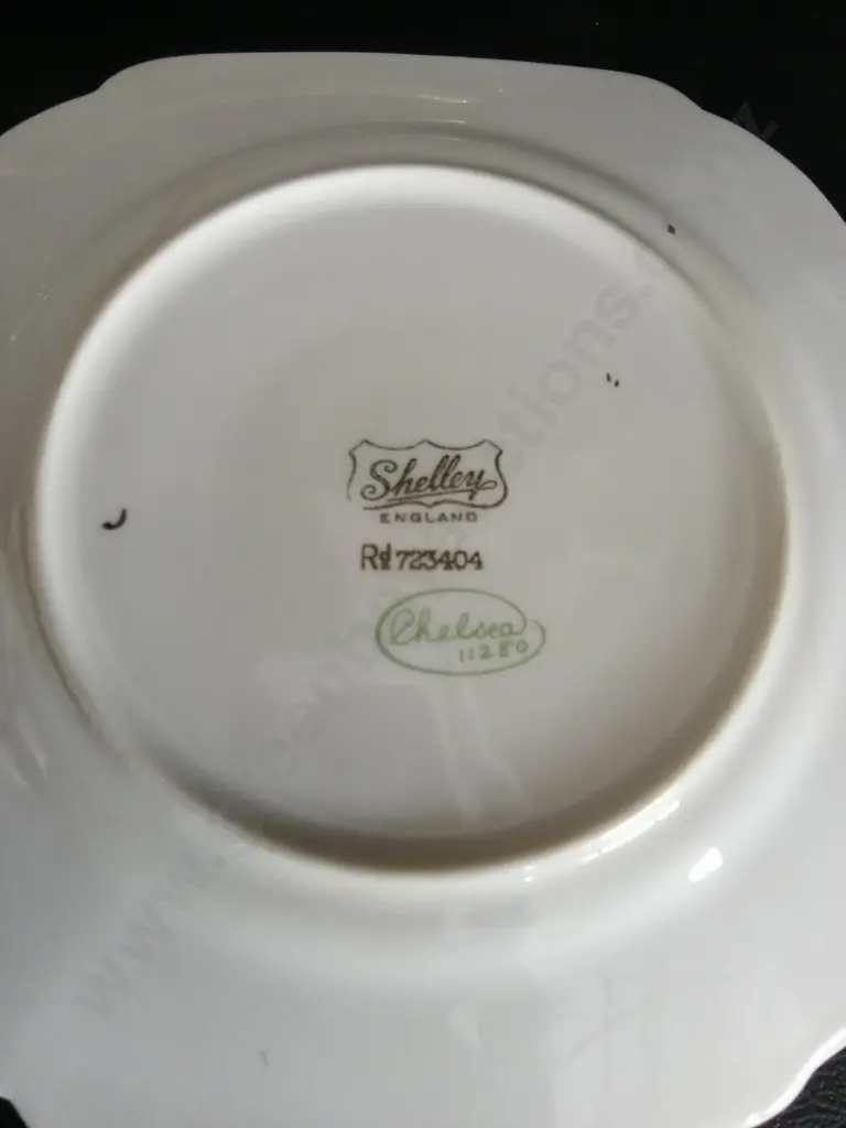 VINTAGE FALCON WARE KOALA CRICKET BOWL DIA 14.5CM, 6 VINTAGE CHELSEA BY SHELLEY SMALL SQUARE PLATES AND A TEA TRIO Image 1++