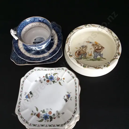 VINTAGE FALCON WARE KOALA CRICKET BOWL DIA 14.5CM, 6 VINTAGE CHELSEA BY SHELLEY SMALL SQUARE PLATES AND A TEA TRIO