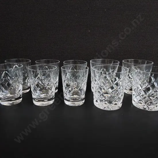 VINTAGE CUT GLASS WHISKEY TUMBLERS AND LOWBALL GLASSES, 10 TOTAL, TALLEST H 7 CM