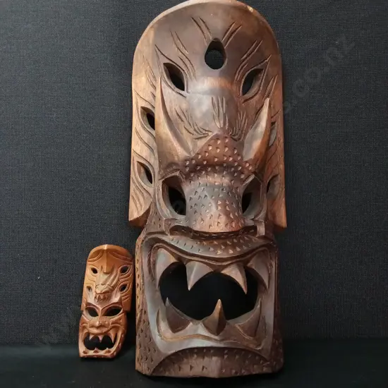 2 WOODEN CARVED BAKUNAWA MASKS ONE MASK H51CM ONE  H16CM