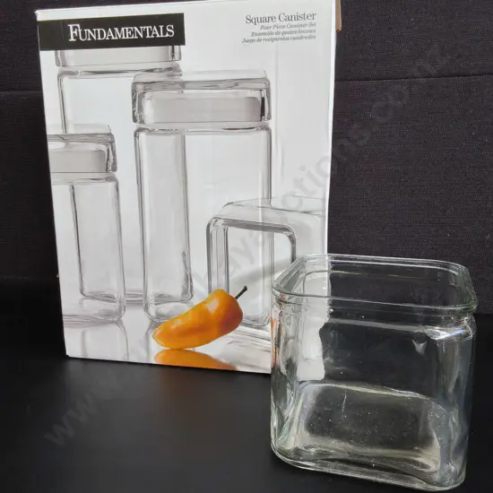 4 PIECE GLASS CANISTER SET BRAND NEW, AND SPARE SINGULAR CANISTER H 13 CM