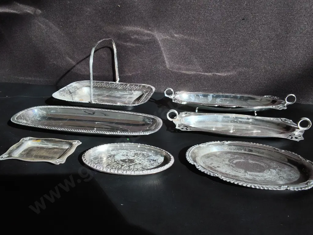 VINTAGE SILVER PLATED SERVING ITEMS, 7 TRAYS, PLATTERS AND BRIDE'S BASKET, WIDEST W 36 CM Image 1++