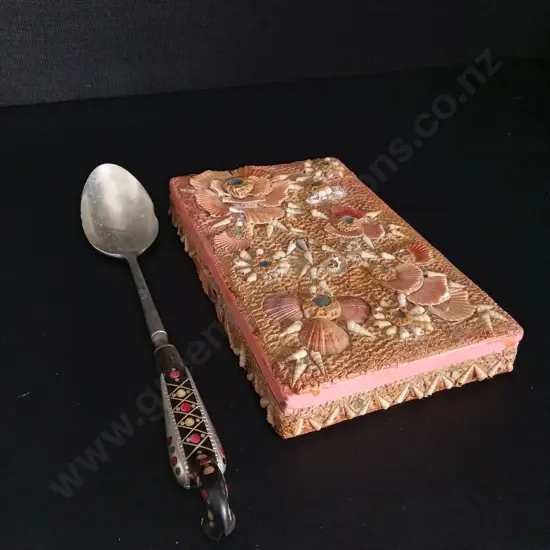VINTAGE ALFRED HADDAD JEZZINE SERVING SPOON AND A SHELL BOX L22CM