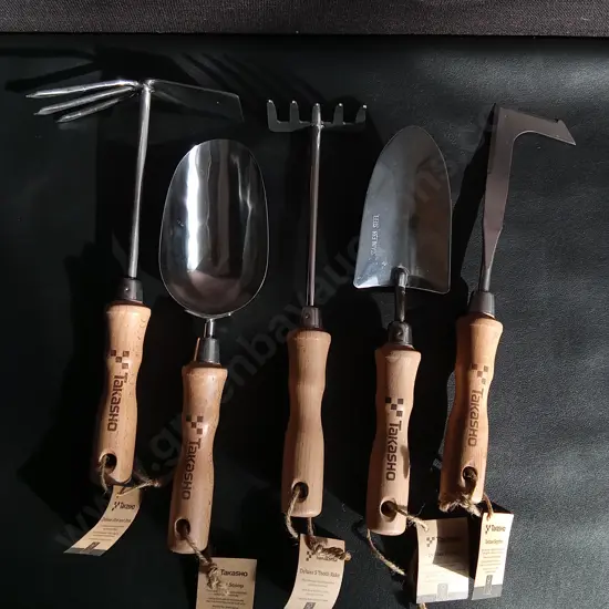 5 PIECES BRAND NEW TAKASHO GARDENING HAND TOOLS, SCYTHE, TROWEL, RAKE, SCOOP, HOE/FORK