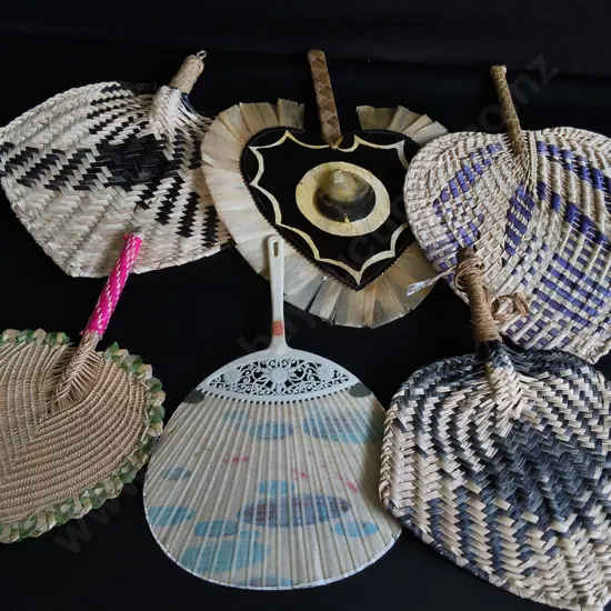 COLLECTION OF TRADITIONAL PACIFIC HAND WOVEN FANS, WIDEST W 43 CM