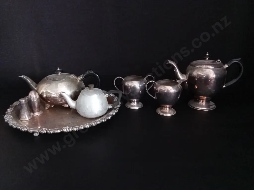 SET OF VINTAGE SILVER PLATED TEA SERVICE SET, HARD SOLDERED E.P.N.S. A1, INCLUDING ADDITIONAL TEAPOT, PLATE AND SHAKERS Image 1++