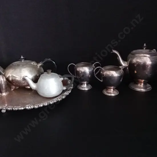 SET OF VINTAGE SILVER PLATED TEA SERVICE SET, HARD SOLDERED E.P.N.S. A1, INCLUDING ADDITIONAL TEAPOT, PLATE AND SHAKERS