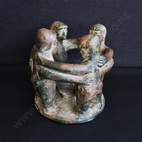 HAND CRAFTED CIRCLE OF FRIENDS FOLK ART SCULPTURE AND CANDLE HOLDER, H 18 CM