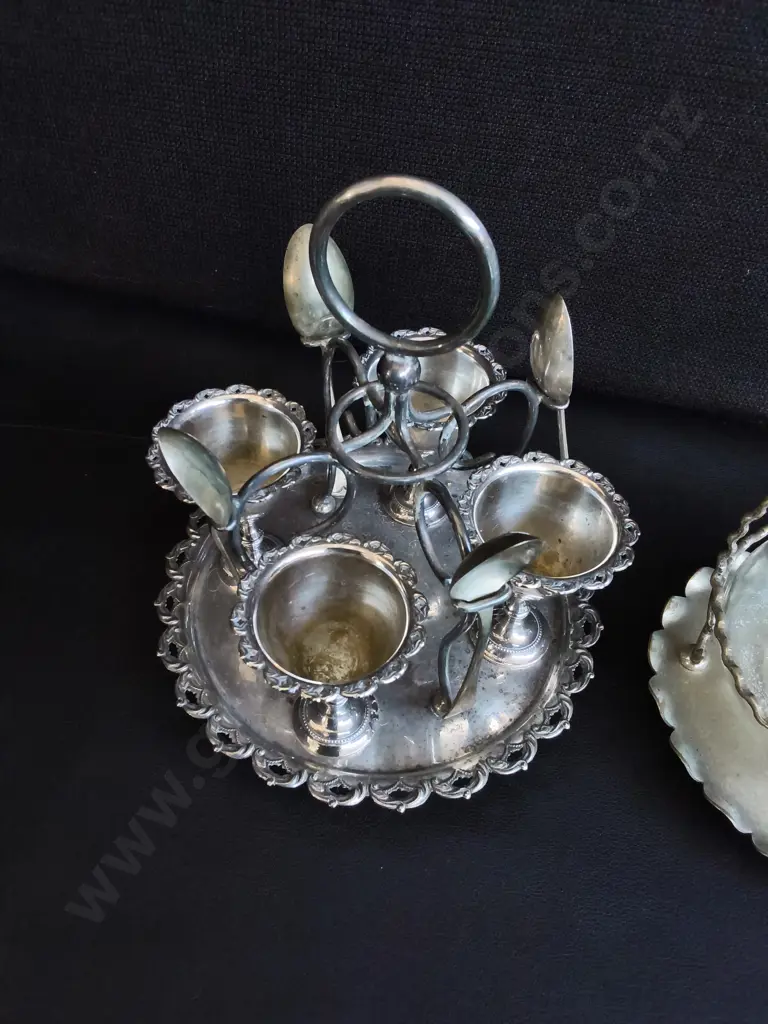 ANTIQUE SILVER PLATED HIGH TEA AND BREAKFAST TABLEWARE, 4 CUP EGG CRUET SET, ANDAND SWEETMEAT BASKET, TALLEST H 19 CM Image 1++