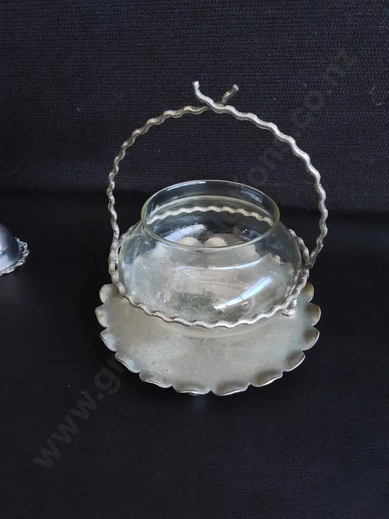 ANTIQUE SILVER PLATED HIGH TEA AND BREAKFAST TABLEWARE, 4 CUP EGG CRUET SET, ANDAND SWEETMEAT BASKET, TALLEST H 19 CM Image 1++