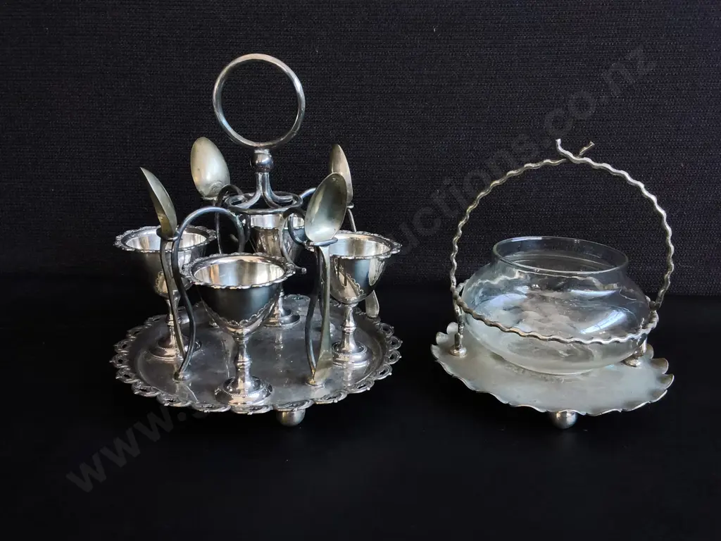 ANTIQUE SILVER PLATED HIGH TEA AND BREAKFAST TABLEWARE, 4 CUP EGG CRUET SET, ANDAND SWEETMEAT BASKET, TALLEST H 19 CM Image 1++