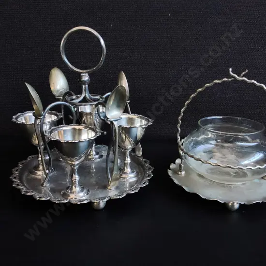 ANTIQUE SILVER PLATED HIGH TEA AND BREAKFAST TABLEWARE, 4 CUP EGG CRUET SET, ANDAND SWEETMEAT BASKET, TALLEST H 19 CM