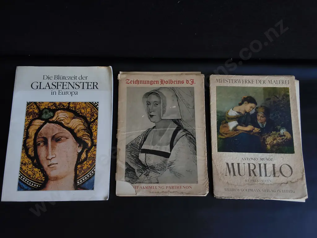 VINTAGE EUROPEAN ART BOOKS, 1941 HOLBEIN DRAWINGS, MURILLO PLATES, MEDIEVAL STAINED GLASS Image 1++