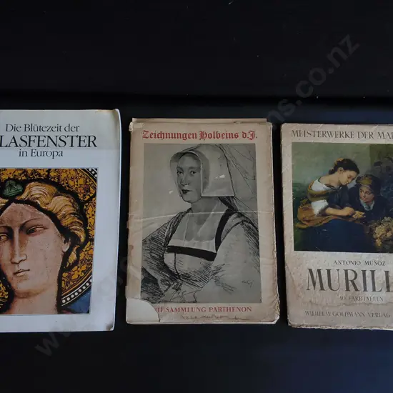 VINTAGE EUROPEAN ART BOOKS, 1941 HOLBEIN DRAWINGS, MURILLO PLATES, MEDIEVAL STAINED GLASS