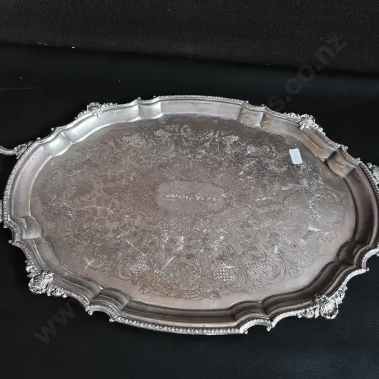 VINTAGE SILVER PLATED TWIN HANDLED SERVING TRAY W 54 CM