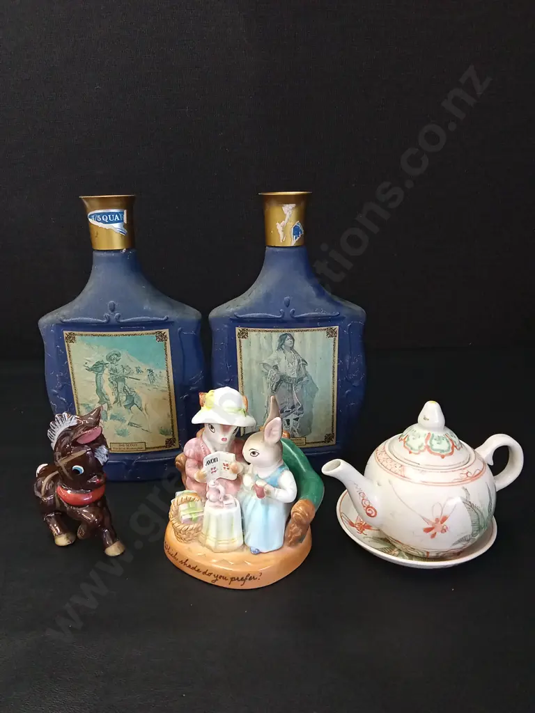 VINTAGE JIM BEAM WHISKEY DECANTERS H25, KITSCH CERAMIC REDWARE DONKEY, AVON PORCELAIN FIGURINE AND ANNAM CERAMIC TEAPOT Image 1++