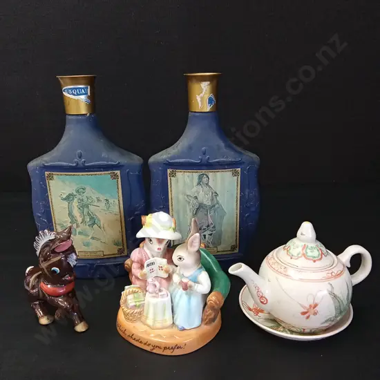 VINTAGE JIM BEAM WHISKEY DECANTERS H25, KITSCH CERAMIC REDWARE DONKEY, AVON PORCELAIN FIGURINE AND ANNAM CERAMIC TEAPOT