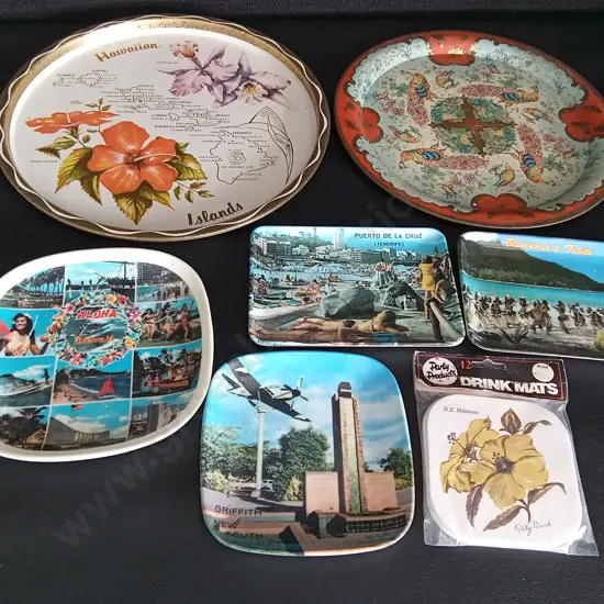 VINTAGE METAL TRAYS AND POSTCARD STYLE DISHES LARGEST DIA 28CM