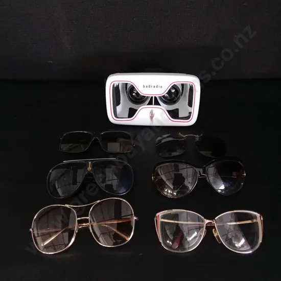 COLLECTION OF SUNGLASSES INCLUDING PHONE BASED VR HEADSET.