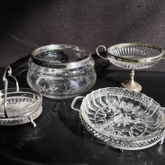 VINTAGE GLASS AND SILVER PLATED TABLEWARE, 4 PIECES, TALLEST H 14 CM