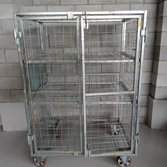 LARGE METAL CAGE ON WHEELS WITH 3 TIERS, H 148CM X W 116CM X D 84CM.