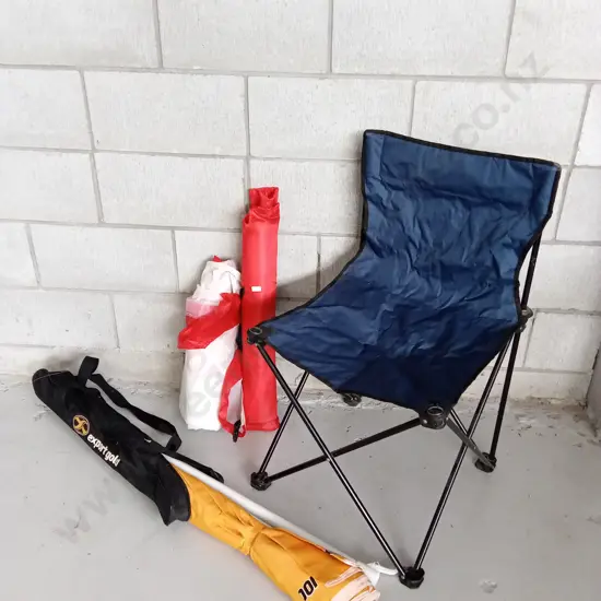 BEACH SET WITH ONE SHADE SAIL, CHAIR, AND UMBRELLA