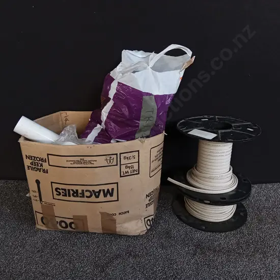 BOX OF PVC PARTS INCLUDING 2 WHEELS OF TPS CABLES