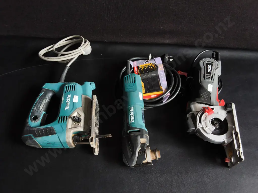 MIX OF POWER TOOLS, INCLUDING MAKITA JIGSAW, MAKITA OSCILLATING TOOL, AND OZITO CIRCULAR SAW Image 1++
