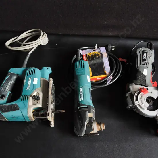 MIX OF POWER TOOLS, INCLUDING MAKITA JIGSAW, MAKITA OSCILLATING TOOL, AND OZITO CIRCULAR SAW