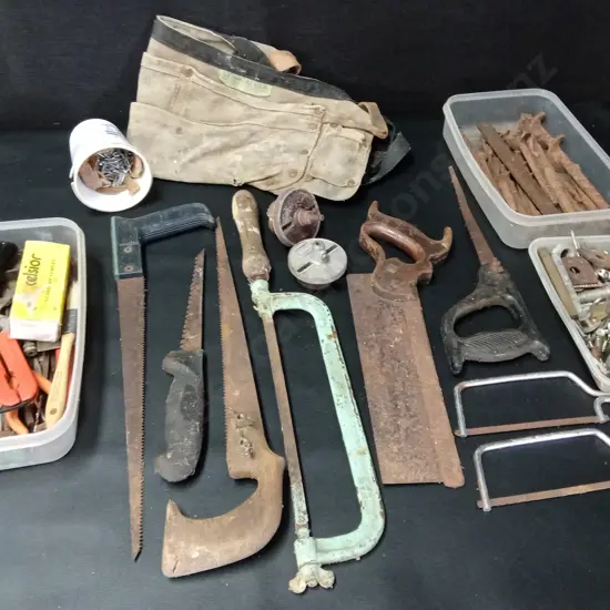 BOX OF HAND TOOLS AND HARDWARE