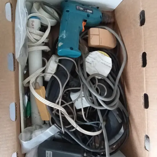 BOX OF ELECTRICAL PARTS AND CORDLESS DRILL